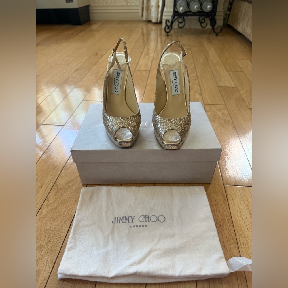 Jimmy Choo Gold Peep-Toe Slingback Heels